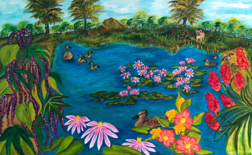 This painting was inspired by a beautiful park nearby that during lockdown was my go-to place, with ducks and flowers and in the far right-hand side the French Bulldog of a dear friend playing in the grass.