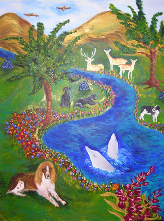 This was painted for a woman who loved her dogs, dolphins and a special park with deer. The eagles flying high in the sky symbolised her growth.