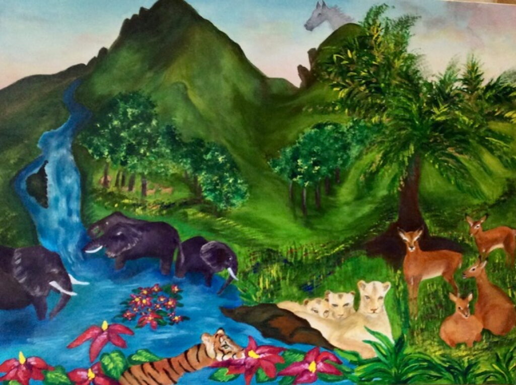 This is a Buddhist-inspired painting.
Deer - the animal that can to listen to Buddha;
Horse - travel through clouds, rising above the cares of the world;
Lion - Buddha’s regal power, strength;
Tiger - symbolises confidence, disciplined awareness, kindness and modesty;
Elephant - strength of mind, effort of intention, analysis;
Water lilly - generosity & open heart
