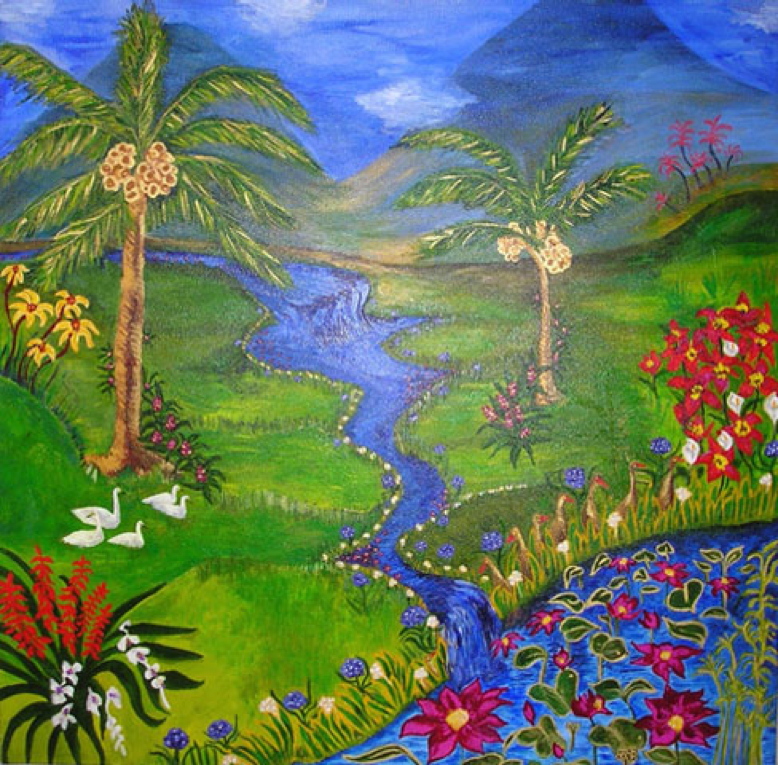 This painting is inspired by the tropics especially Bali with its beautiful tranquil scenery