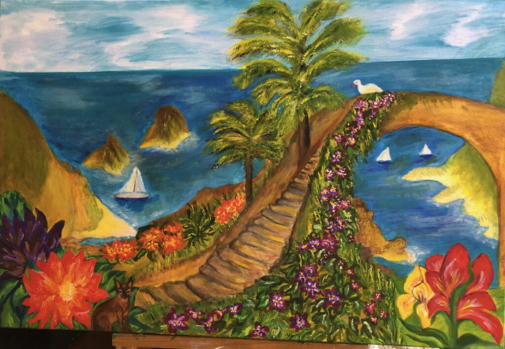 This painting tells the story of our Burmese cat Elijah looking at the bird at the top of the stairs and the background is reminiscent of the magical island of Capri in the Mediterranean