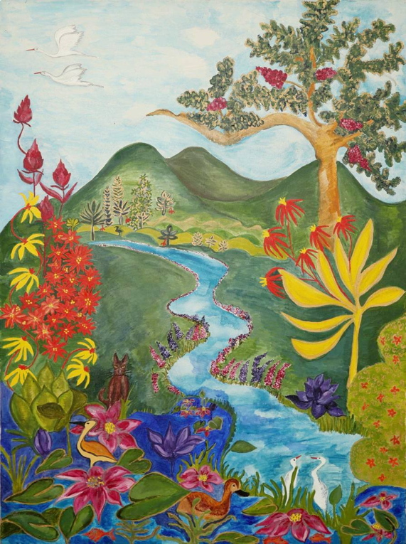 This painting and the next were inspired by Indian folk forms of Hinduism and Buddhism depicting a beautiful tranquil setting to relax in. Feelings and emotions are expressed through flora and fauna to respect deities and mythology.
