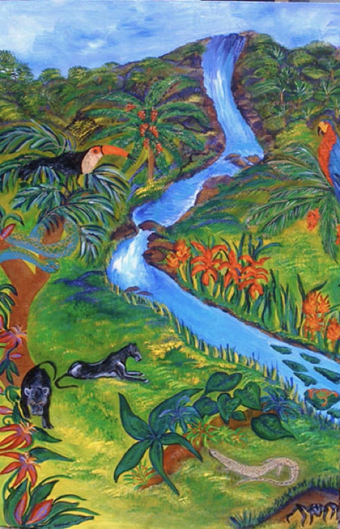This painting was inspired from a tropical rainforest with animals and birds relaxing in nature.